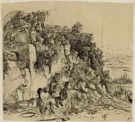 Paisagem montanhosa com cavaleiros