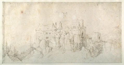 Um castelo sobre um caranguejo (caneta e tinta castanha sobre papel)