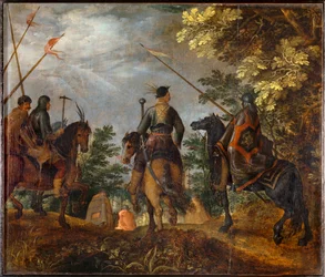Cavaleiros polacos marcham através de um bosque ...