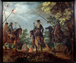 Os cavaleiros polacos andam num bosque. Pintura por Roelant (Roelandt) Savery (1576-1639)
