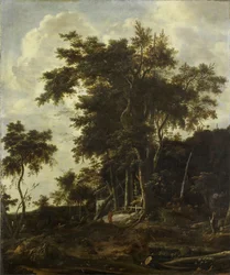 Paisagem da floresta com galpão de um lenhador