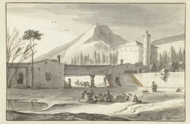 Paisagem montanhosa, italiana, com uma Igreja Rotunda