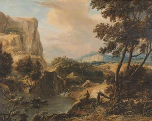 Paisagem montanhosa com pescador