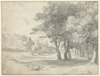 Vista no Haagse Bos, com o Grote Kerk, Haia, na Distância