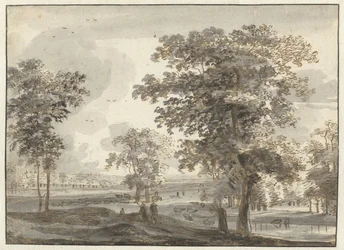 Paisagem arborizada com pastores perto de um rio