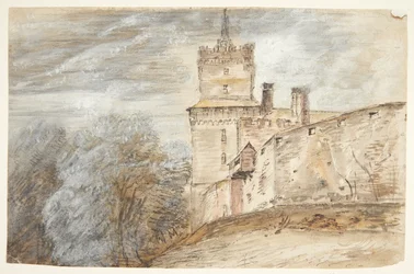 Castelo com floresta à esquerda. Castelo de Schwamenburg?