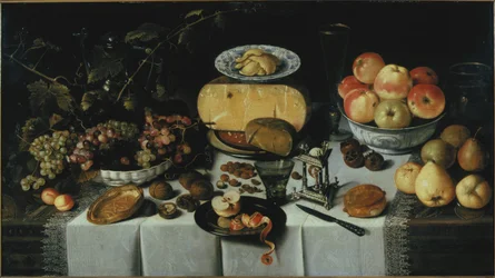 Natureza morta com queijo e frutas, 1625.