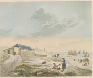Praia em Scheveningen, cerca de 1825 Vista da praia e das dunas em Scheveningen e Apresentação do balneário do Sr. Pronk / Vue du rivage et des dunes a Scheveninge et representação des Bains appartement à mons.r Pronk (título no objeto)