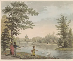 Jardim em Huis ten Bosch, cerca de 1825 Vista da ponte suíça e do Vijver, perto da casa na Bosch em s