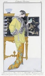 Vestido de seda chinesa, forrado de chinchila, casaco de veludo - in "Journal des dames et de la mode: Costumes Parisiens", n¡32