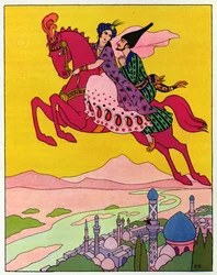 O Cavalo que os levanta no ar, ilustração de "O Cavalo Mágico", de "As Noites da Arábia