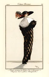 Mulher com casaco comprido de pele de lontra com gola de arminho, chapéu preto com pena multicolorida, água-forte segundo uma ilustração de Roger Broders do Journal des Dames et des Modes de Tommaso Antongini, Aux Bureaux du Journal des Dames, Paris