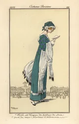 Mulher a ler uma carta com vestido e chapéu de veludo de seda verde-mar debruado a arminho. Xaile e cachecol de arminho, gravura a água-forte pochoir (stencil) colorida à mão segundo uma ilustração de Roger Broders do Journal des Dames et des Modes de Tomm