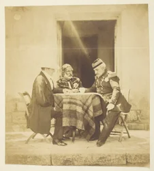 Um conselho de guerra: Lord Raglan, Omar Paxá e Pélissier, fotografado na véspera da tomada do Mankelen, Crimeia