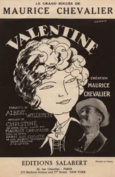 Capa da partitura do grande êxito de Maurice Chevalier "Valentine" letra de Albert Willemetz música de Christine editions Salabert, c.1925 (impressão)