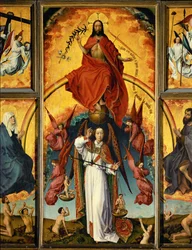 Altar do Juízo Final: Cristo-juiz, arcanjo Miguel pesando as almas, anjos tocando trombetas e carregando as alfaias da Paixão; Santa Maria e São João Batista (ood)