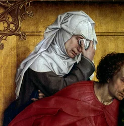 Deposição ou descida da cruz. Detalhe do personagem em lágrimas. Rogier Altarpiece (Roger) Van Der Weyden (1400-1464) 1435 Dim. 2,20 x 0,35 m Madrid, Musee du Prado - A deposição ou descida da cruz. Detalhe dos personagens de luto. Altarpi