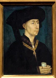 Retrato de Filipe III da Borgonha, chamado Filipe, o Bom (1396-1467). Ostenta a condecoração da Ordem do Tosão de Ouro. 1445. Dimensões: 0,31 x 0,23 m. Dijon, Musée des Beaux-Arts