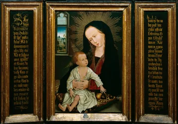 Salve Regina (Salve, ó Rainha, oração católica), representação da Virgem e do Menino segurando uma pêra (óleo sobre madeira)