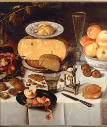 Natureza-morta. Maçãs, queijo, fruta, utensílios de mesa (óleo sobre madeira de carvalho)