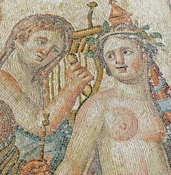 Um centauro encanta um Maenad, detalhe da Procissão Triunfal de Dionísio, Casa de Aion, Paphos, Chipre (mosaico)