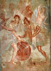 Aquiles, disfarçado de mulher, é reconhecido por Ulisses entre as filhas de Licomedes em Ciros. Fresco de Pompeia. Século I d.C. Dimensões: 145,5 x 137,5 cm. Museu Arqueológico Nacional, Nápoles. Arte romana. Luta violenta entre os habitantes de Pompeia e