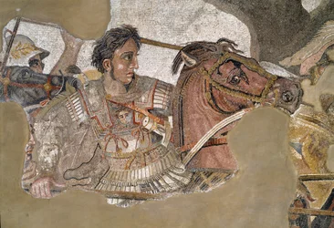 Alexandre, o Grande (356 - 323 a.C.) no seu cavalo Bucéfalo. Mosaico da Casa do Fauno, Pompeia