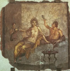 Banquete casal com um escravo, de Herculano, c.50-79 dC
