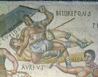 Batalha entre Gladiators, detalhe de um gladiador prendendo outro no chão, 320 dC (mosaico)