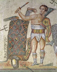 Batalha entre Gladiators, detalhe de um gladiador vitorioso, 320 AD (mosaico)