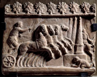 Relevo Campana: corrida de carros (quadriga) e cena de circo. Século I d.C. Placa de terracota. A 0,32 x 0,39 m. Paris, Museu do Louvre
