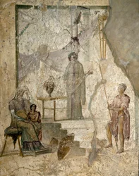 Cassandra profetiza a queda de Tróia, seu pai Príamo, sentado à esquerda, seu irmão Páris, segurando a maçã da Discórdia e um guerreiro lança sua lança (provavelmente Héctor) - Fresco