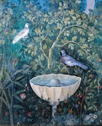 Pormenor de fonte e aves de uma pintura de jardim, Casa do Bracelete de Ouro, Pompeia