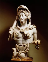 O imperador Cômodo (160-192) com os símbolos de Hércules, estátua de mármore, do monte Esquilino