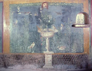 Fonte, máscara e pássaros, Casa de Vénus em concha, Pompeia, Itália (fresco)