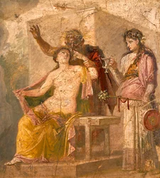Fresco de tema erótico representando uma cena dionisíaca, de Pompeia (Lista do Património Mundial da UNESCO)