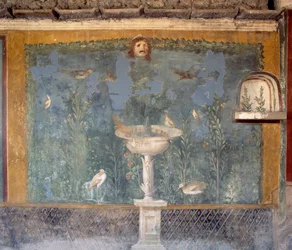 Fresco com fonte, máscara e pássaros, Casa de Vénus em Concha, Pompeia (Lista do Património Mundial da Unesco)