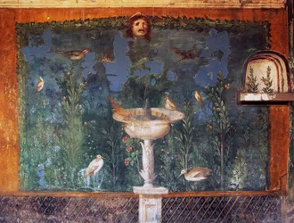 Fresco com fonte, máscara e pássaros, Casa de Vénus em concha, Pompeia, Campânia, Itália, civilização romana