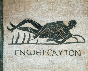 Gnothi seauton (Conheça-se memento mori en mosaic de escavações no convento de São Gregório em Roma, com o lema grego do século III a.C.) Museo Nazionale Romano (o delle Terme) Roma
