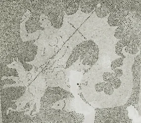 Pedregulho helenístico Mosaico de Scylla e Charybdis guardando o estreito, detalhe de Scylla. Casa de Dionísio, Paphos, Chipre mosaico