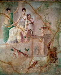 Héracles e Ônfale, fresco romano do 3.º estilo pompeiano proveniente de Pompeia, 40-60 d.C., dimensões 88 x 103 cm, conservado no Museu Arqueológico Nacional de Nápoles, Itália