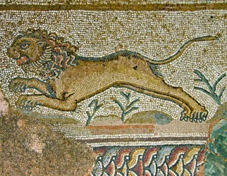 Cena caça, detalhe, de, um, leão, casa, de, dionysos, paphos, chipre, mosaico