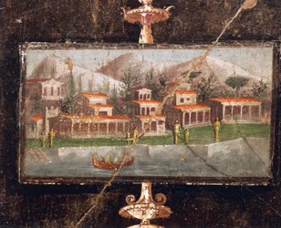 Paisagem e arquitetura em pintura mural em tablinum, Casa de Marco Lucrezio Fronto, Pompéia, Campânia, Civilização Romana