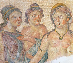 Leda e suas empregadas domésticas, detalhe do mosaico de Leda e Zeus, casa de Aion, Paphos, Chipre (mosaico)