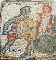 Lytras sendo separado de seu adversário por Darios, Casa dos Gladiadores, Kourion, Chipre (mosaico)