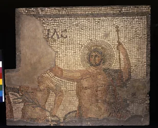 Mosaico da Casa de Menandro com Zeus, século III a IV (calcário e tesselas de mármore)