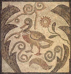 Mosaico de um pato voltado para a esquerda em videiras (pedra e argamassa)