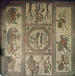 Pavimento em mosaico da villa romana de Low Ham, ilustrando a história de Dido e Eneias da Eneida de Virgílio, c.350 d.C.