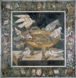 Mosaico de Pompeia com um grupo de pombas no rebordo de um labrum. Século III a.C.