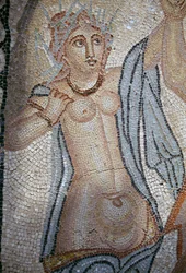Ninfa, detalhe de Rapto de Hylas por Ninfas, mosaico na Casa de Vênus na cidade romana de Volubilis (Lista do Patrimônio Mundial da UNESCO)